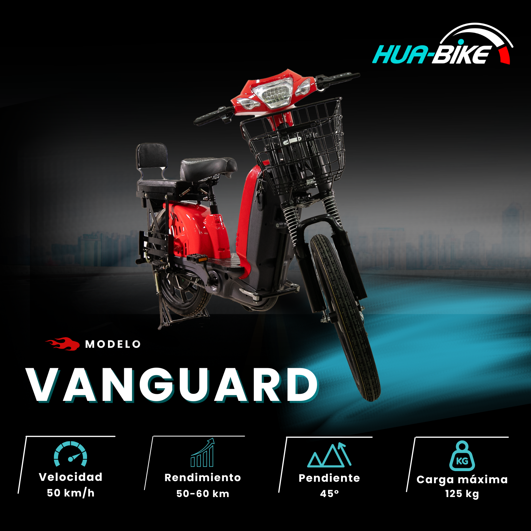 Bicicleta eléctrica Vanguard en color rojo, con diseño robusto y alto rendimiento para cualquier terreno.