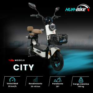 Bicicleta eléctrica City en color blanco, modelo pequeño, ideal para moverse con facilidad en la ciudad.
