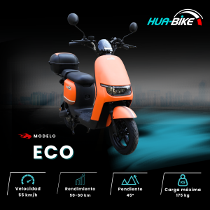 Bicicleta eléctrica modelo Eco en color naranja, con un diseño vibrante y funcional, ideal para tus trayectos urbanos.